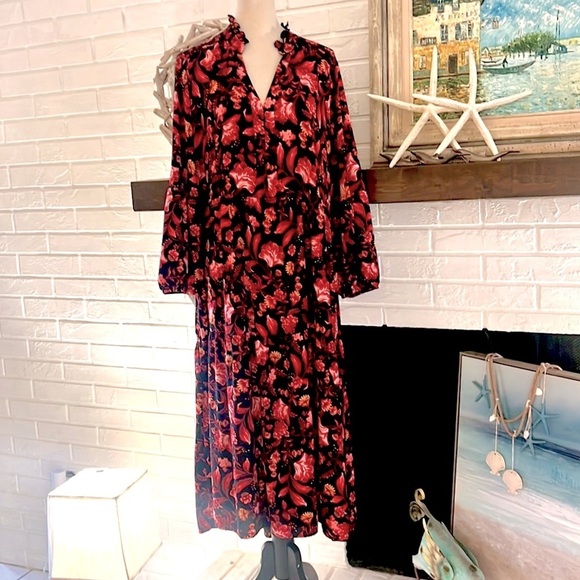 Terra & Sky Winter Dress Size 2X, Womens Red,Black,Flora,Long Sleeve,OOZES class - Picture 5 of 9